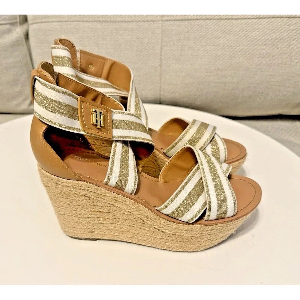 Tommy Hilfiger Shoes Womens 6 Espadrille Sandals Platform Metallic Gold Ivory